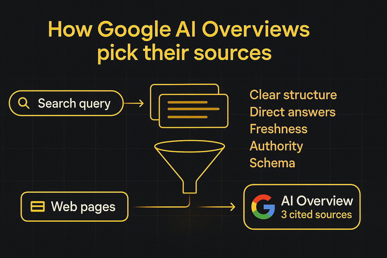 Infographic: how Google AI Overviews pick their sources, from search query, through a funnel of signals (clear structure, direct answers, freshness, authority, schema), to the AI Overview box citing 3 sources